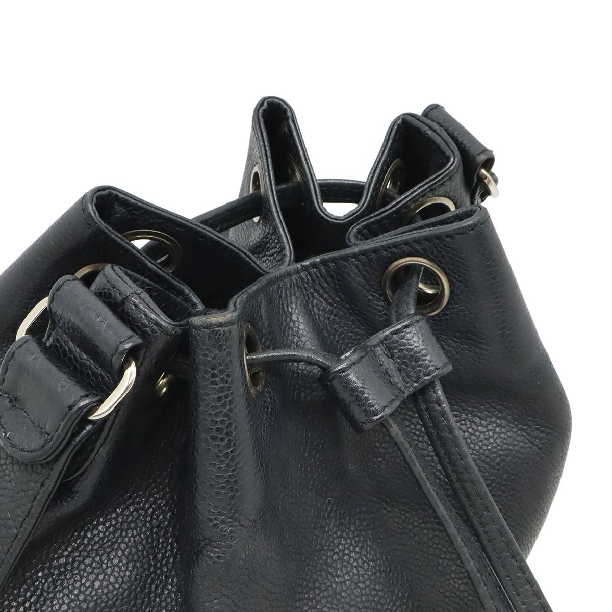 Chanel Logo Drawstring Shoulder Bag Chain Bag Caviar Leather Black Silver Pouch — view 4