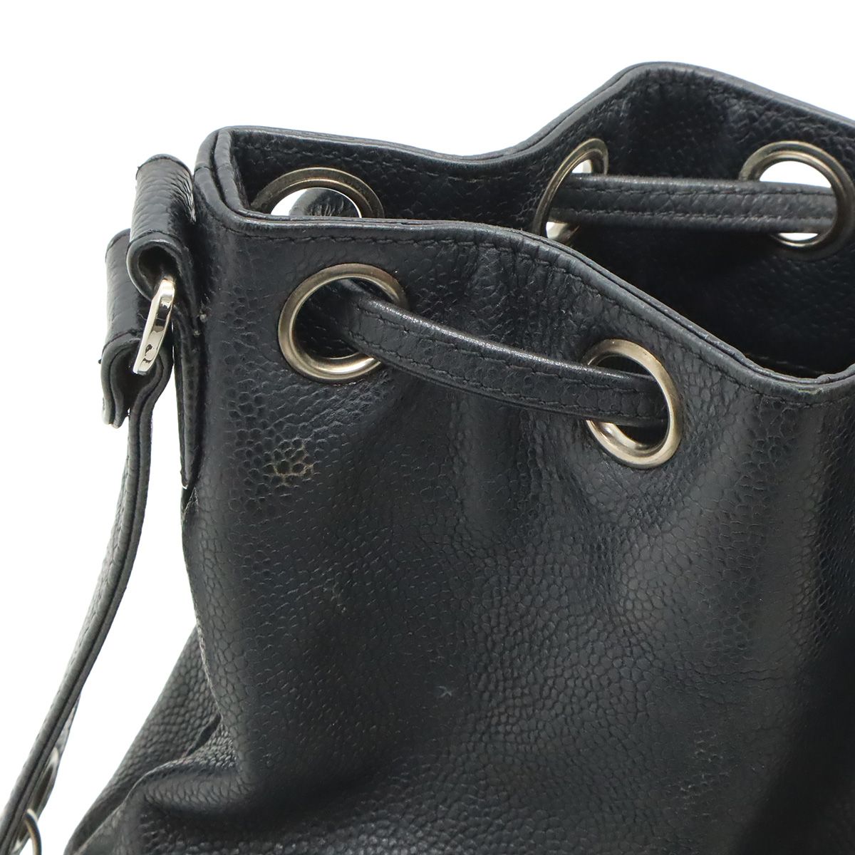 Chanel Logo Drawstring Shoulder Bag Chain Bag Caviar Leather Black Silver Pouch — view 6