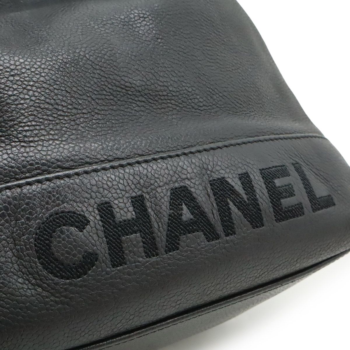 Chanel Logo Drawstring Shoulder Bag Chain Bag Caviar Leather Black Silver Pouch — view 8