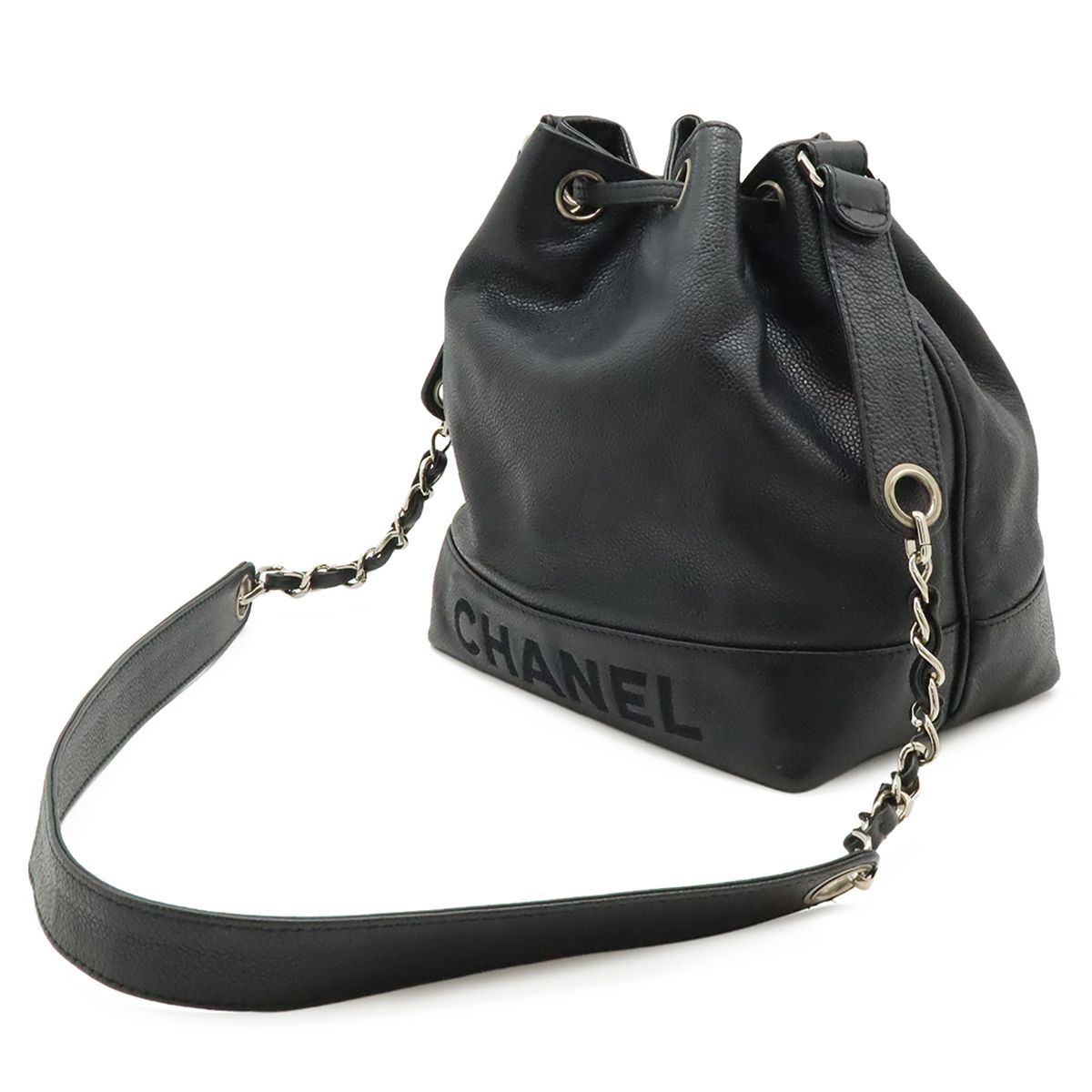 Chanel Logo Drawstring Shoulder Bag Chain Bag Caviar Leather Black Silver Pouch — view 2