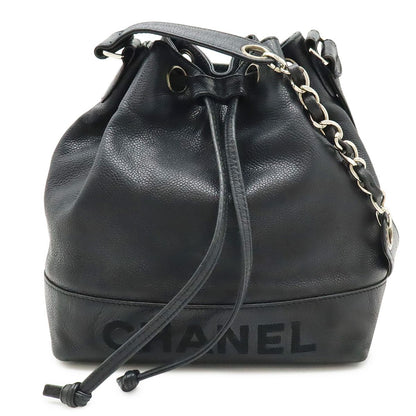 Chanel Logo Drawstring Shoulder Bag Chain Bag Caviar Leather Black Silver Pouch