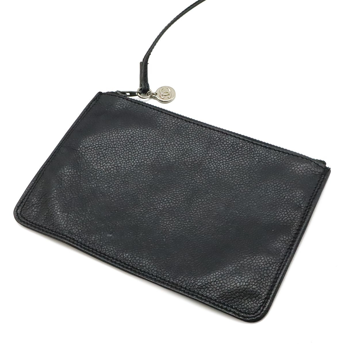 Chanel Logo Drawstring Shoulder Bag Chain Bag Caviar Leather Black Silver Pouch — view 9