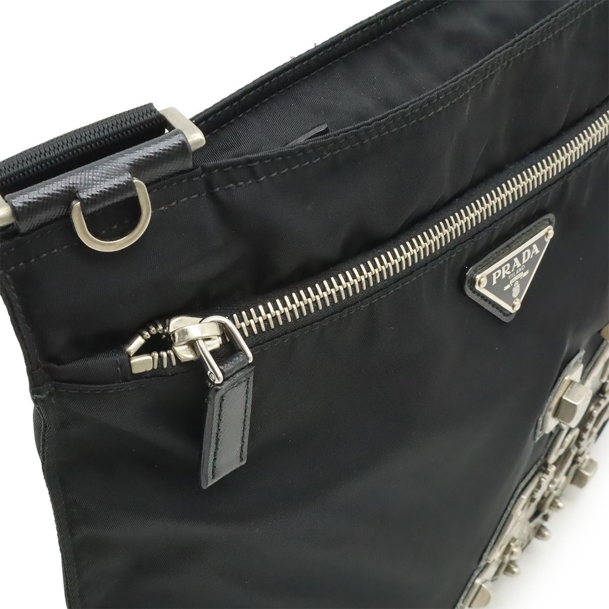 Prada Skull Shoulder Bag Crossbody Motif Studs Nylon Nero Black Domestic — view 5