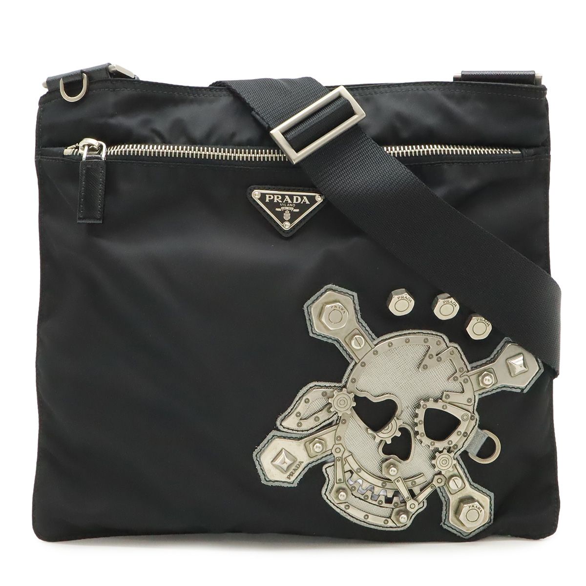 Prada Skull Shoulder Bag Crossbody Motif Studs Nylon Nero Black Domestic