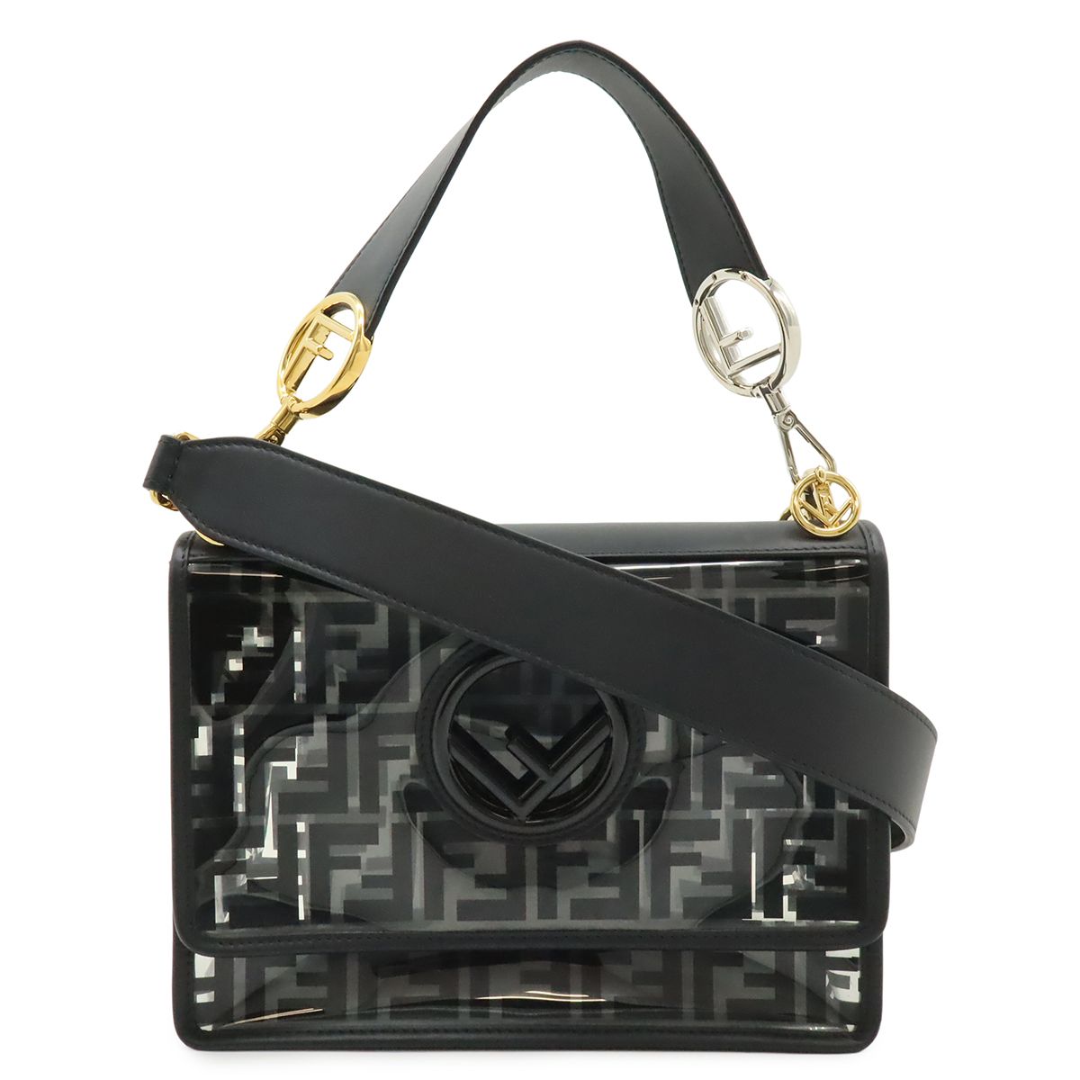 Fendi Canaif Zucca Pattern Shoulder Bag 2-Way Vinyl Leather Black Clear