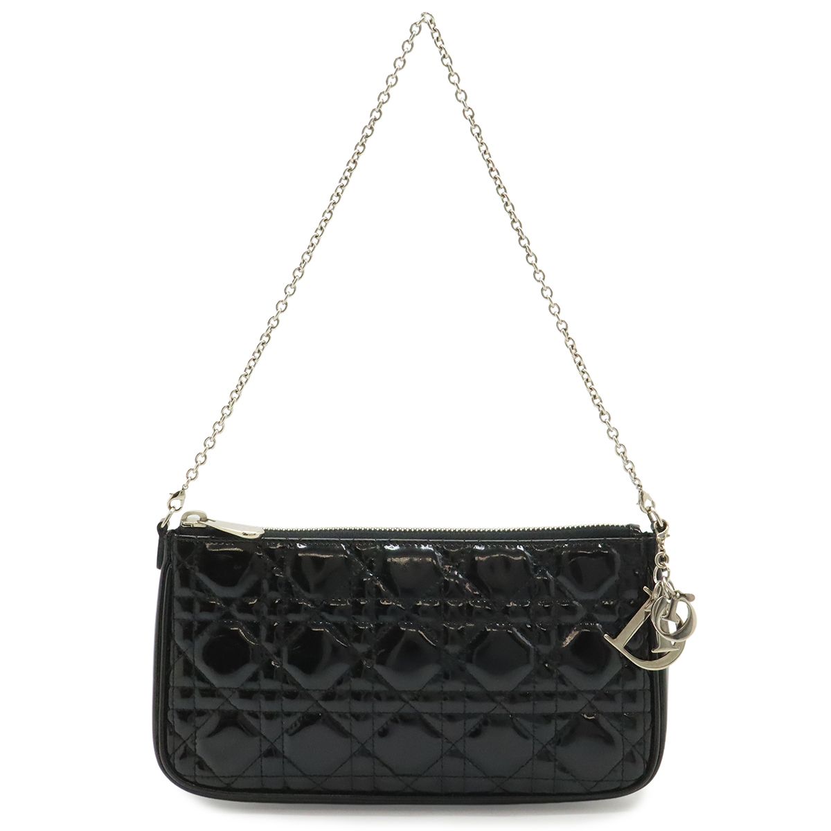 Dior Cannage Chain Shoulder Bag Patent Leather Black Silver