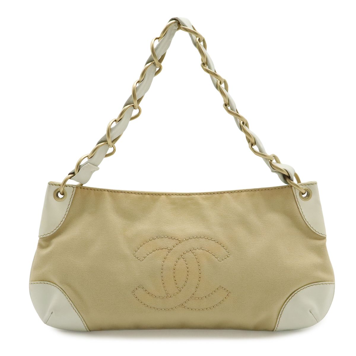 Chanel CC Logo Chain Shoulder Bag Canvas Leather White Beige Gold