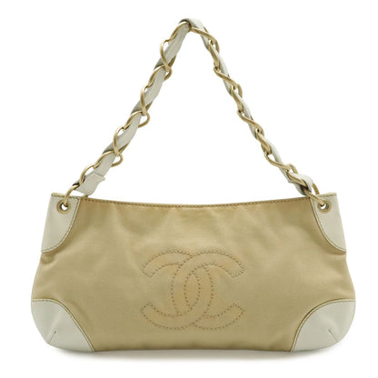 Chanel CC Logo Chain Shoulder Bag Canvas Leather White Beige Gold