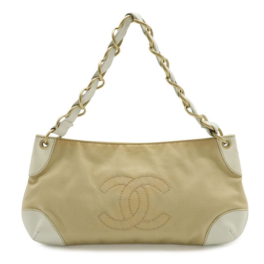 Chanel CC Logo Chain Shoulder Bag Canvas Leather White Beige Gold