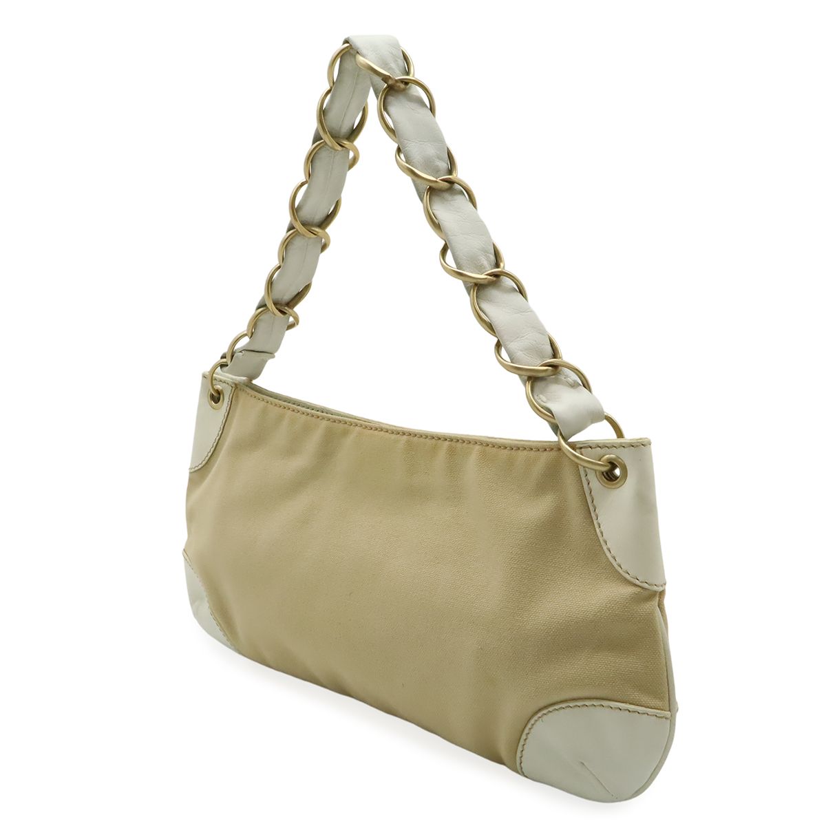 Chanel CC Logo Chain Shoulder Bag Canvas Leather White Beige Gold — view 2