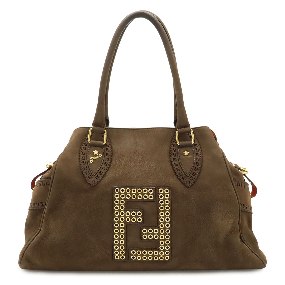 Fendi Etnico Zucca Tote Shoulder Star Nubuck Dark Brown Gold