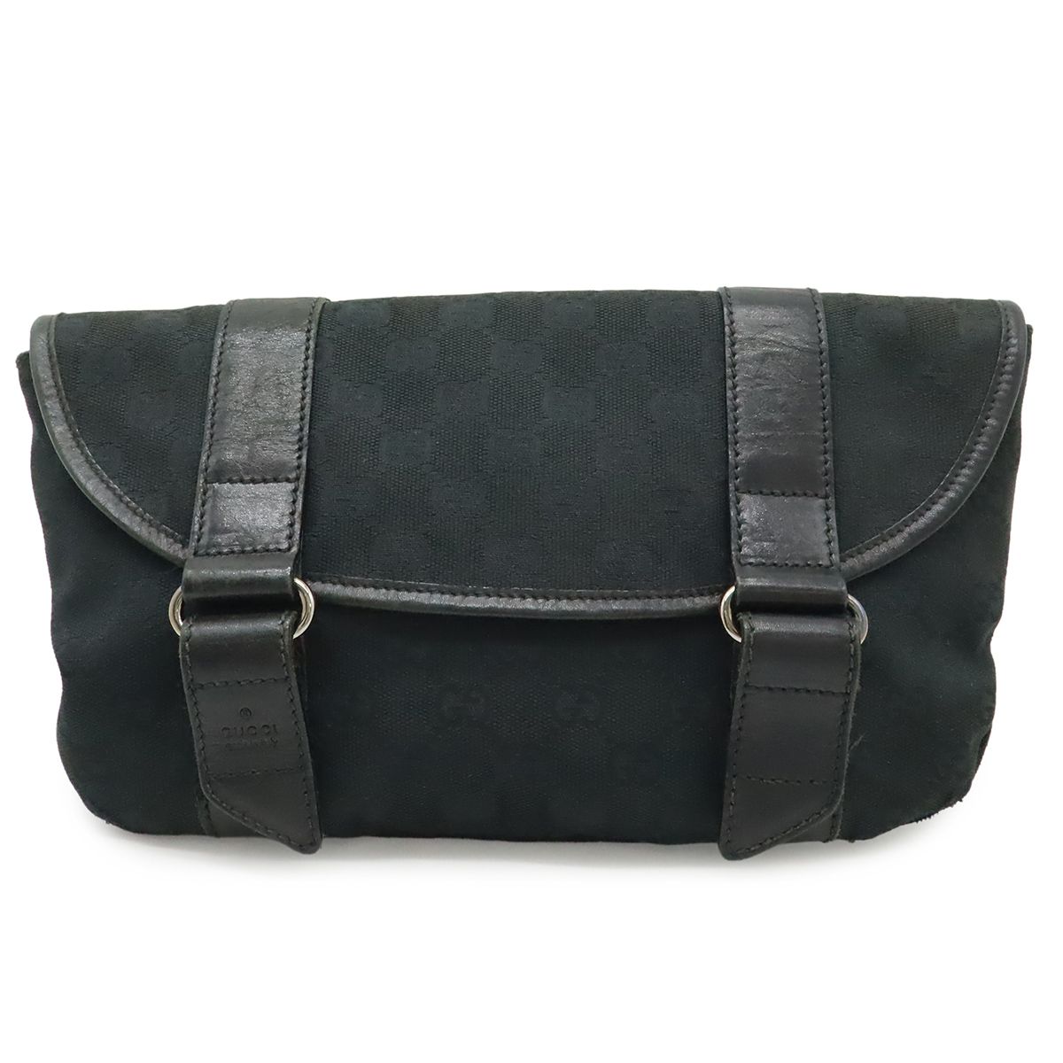 Gucci GG Canvas Belt Bag Waist Pouch Leather Black Silver