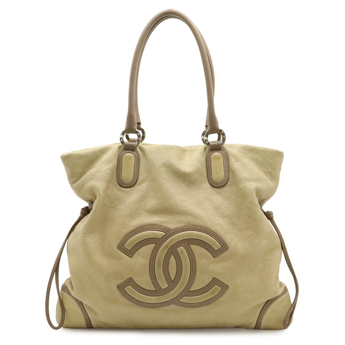 Chanel CC Logo Jumbo CC Tote Shoulder Bag Leather Beige Gray Ju
