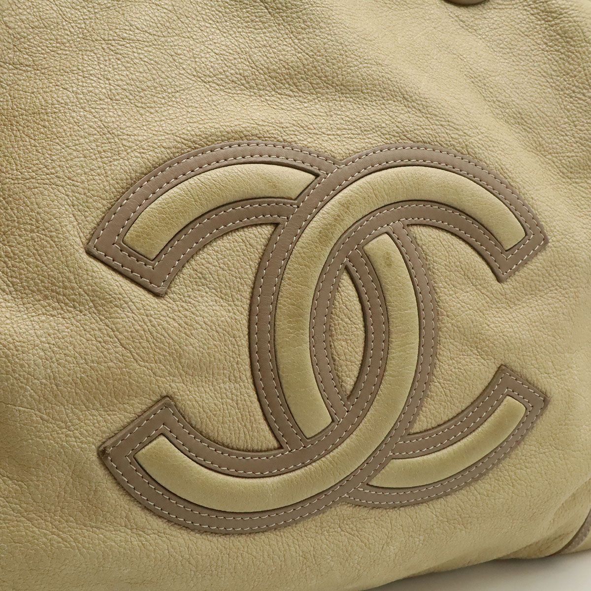 Chanel CC Logo Jumbo CC Tote Shoulder Bag Leather Beige Gray Ju — view 9