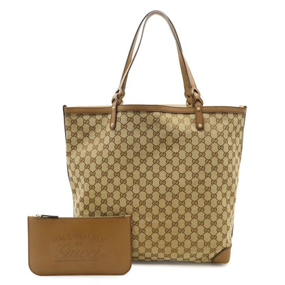 Gucci GG Canvas Tote Large Shoulder Bag Leather Light Brown Pouch
