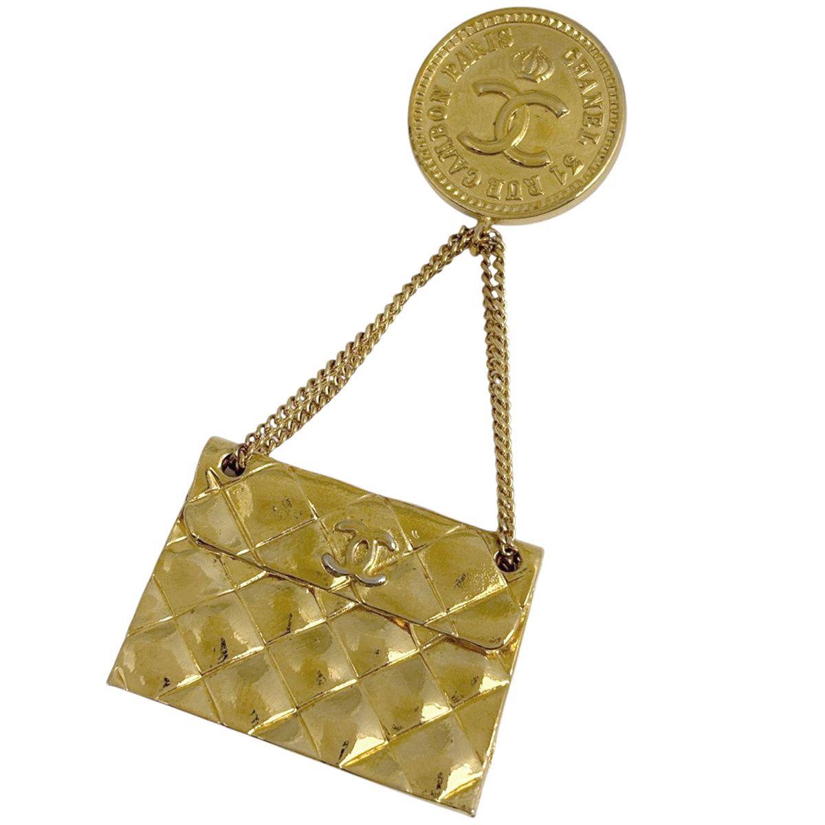 Chanel CC Logo Brooch Quilted Swing Gold Plated