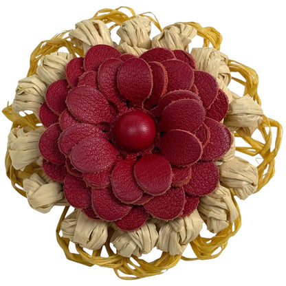 Loewe Stud Flower Brooch Raffia Leather Beige Red