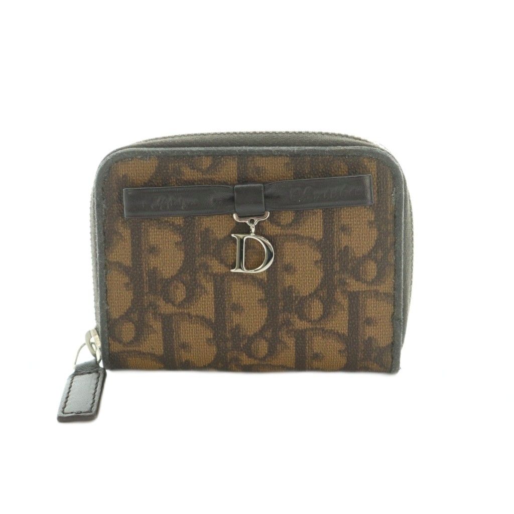 Dior Wallet Coin Purse Zip Around Trotter Pattern Leather Brown