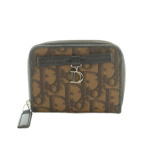 Dior Wallet Coin Purse Zip Around Trotter Pattern Leather Brown