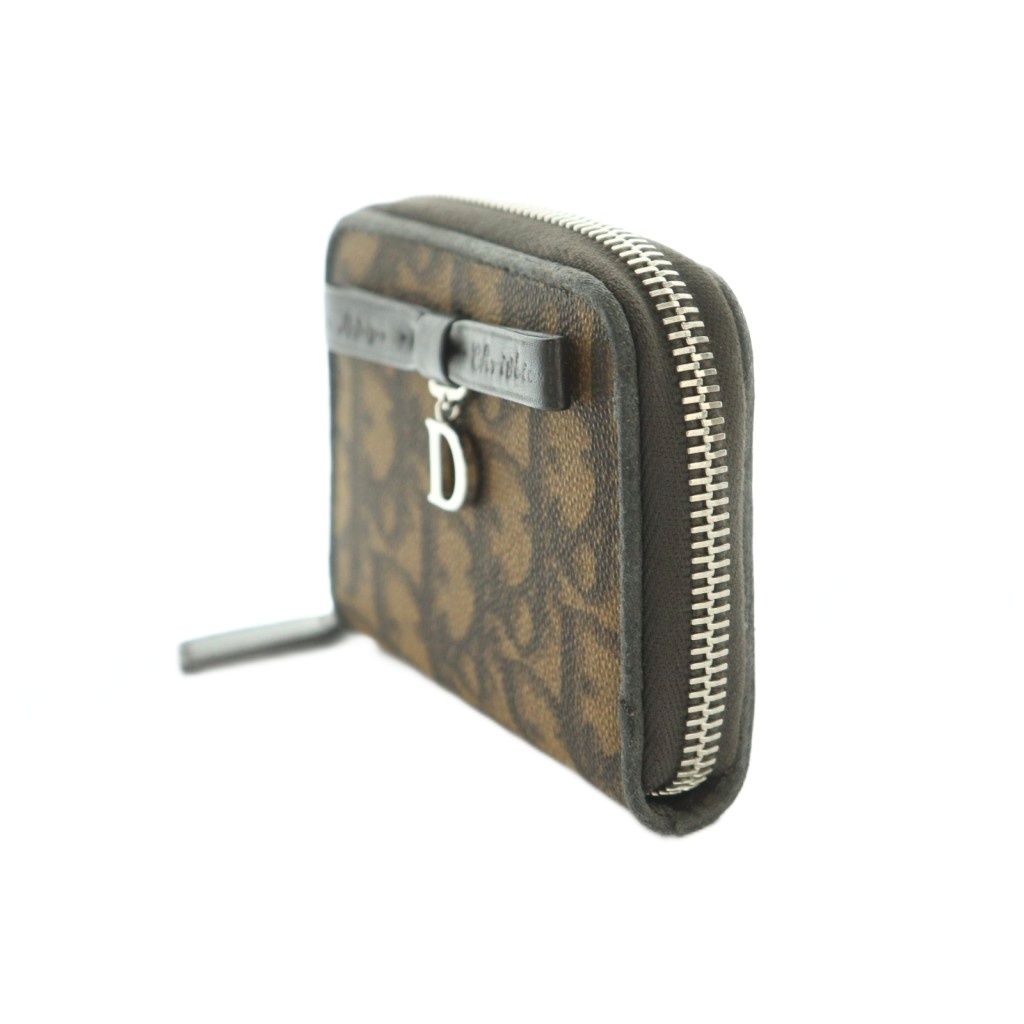 Dior Wallet Coin Purse Zip Around Trotter Pattern Leather Brown — view 3