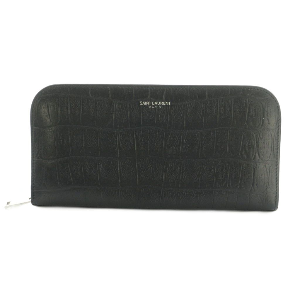 Saint Laurent Paris Wallet Zip Around Coin Purse Leather Embossed Croco