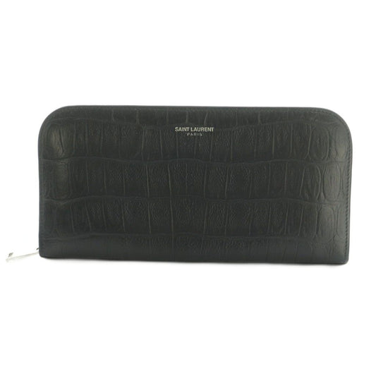 Saint Laurent Paris Wallet Zip Around Coin Purse Leather Embossed Croco