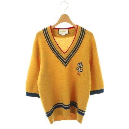 Gucci Knit Sweater Half Sleeve Neck Anchor Motif Wool S Master Navy Red DO