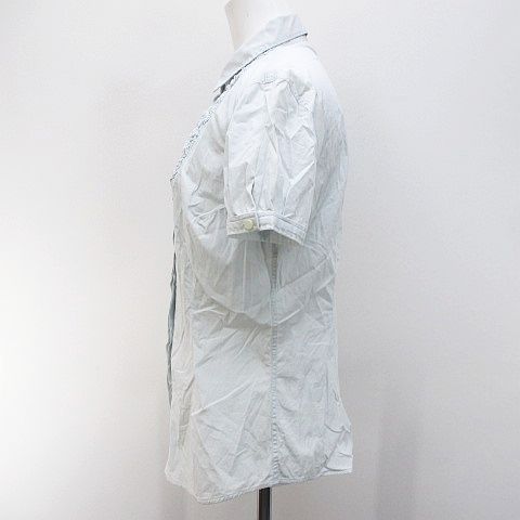 Brunello Cucinelli Short Sleeve Shirt Blouse M Blue Light Fabric Ruffles Button — view 8
