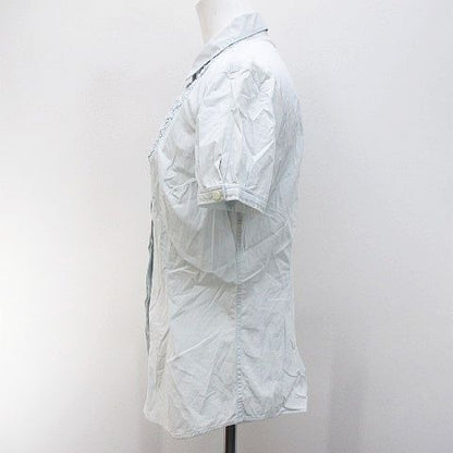 Brunello Cucinelli Short Sleeve Shirt Blouse M Blue Light Fabric Ruffles Button — view 8