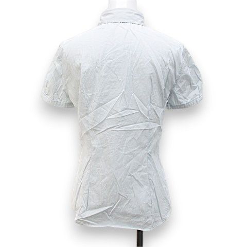 Brunello Cucinelli Short Sleeve Shirt Blouse M Blue Light Fabric Ruffles Button — view 2