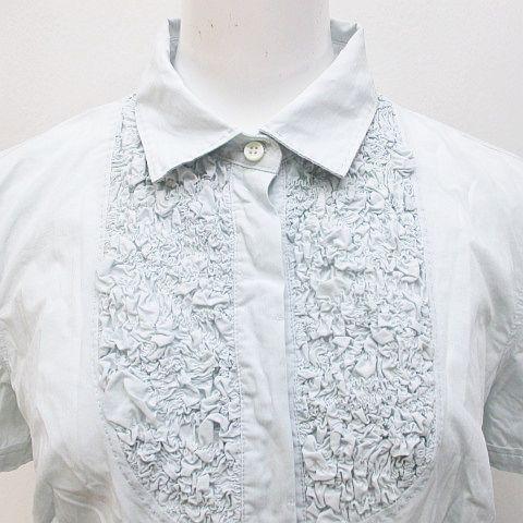 Brunello Cucinelli Short Sleeve Shirt Blouse M Blue Light Fabric Ruffles Button — view 9