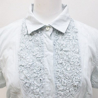 Brunello Cucinelli Short Sleeve Shirt Blouse M Blue Light Fabric Ruffles Button — view 9