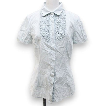 Brunello Cucinelli Short Sleeve Shirt Blouse M Blue Light Fabric Ruffles Button