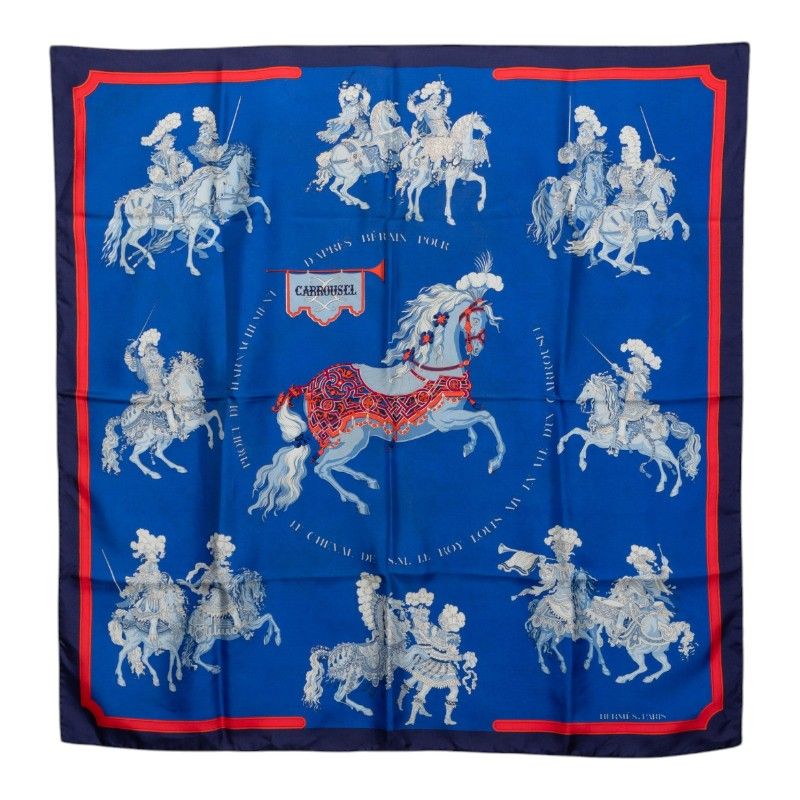 Hermes Carre 90 Carrousel Merigo Land Scarf Blue Multicolor Silk