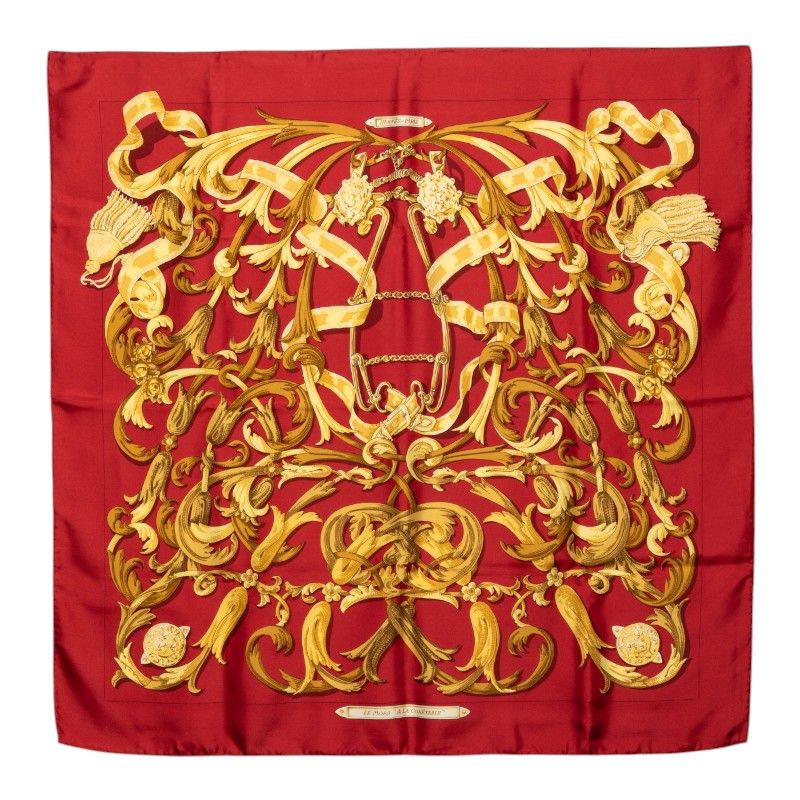 Hermes Carre 90 le Mors a la Conetable Elegance Scarf Red Multicolor Silk