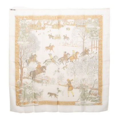 Hermes Carre 90 L'hiver Vert Winter Scarf White Multicolor Silk