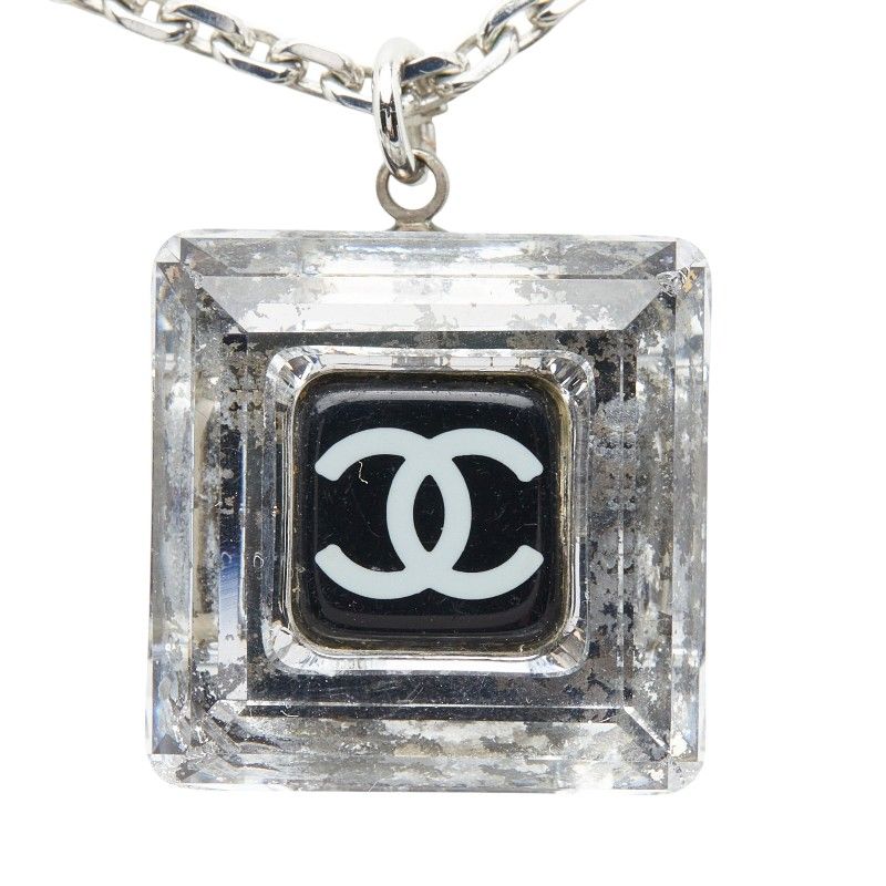 Chanel CC Logo Square Pendant Necklace 05 Clear Black Plastic Metal — view 3