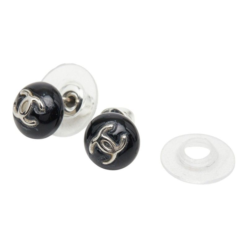 Chanel CC Logo Stud Earrings 06 Black Plastic Metal — view 4