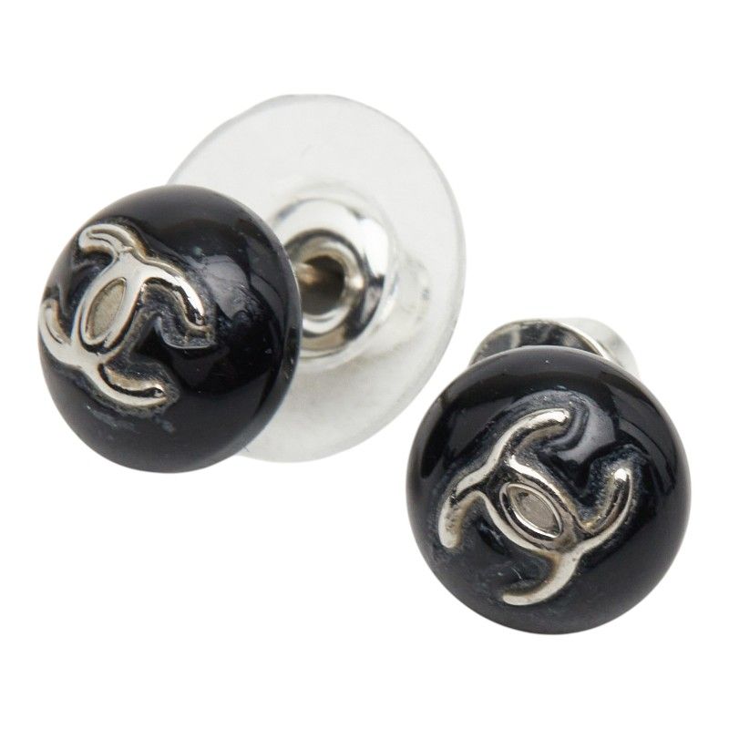 Chanel CC Logo Stud Earrings 06 Black Plastic Metal