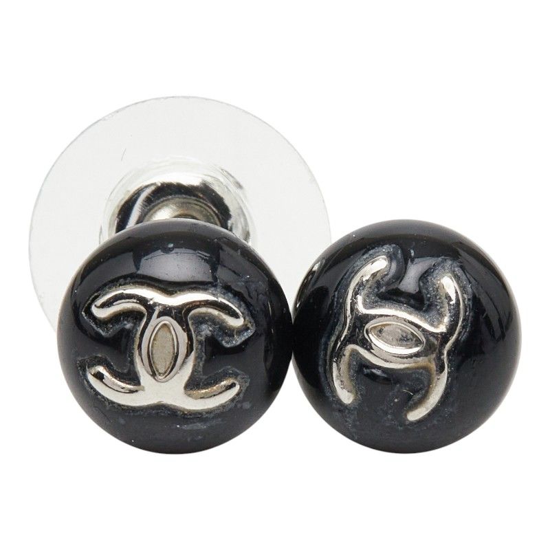 Chanel CC Logo Stud Earrings 06 Black Plastic Metal — view 2