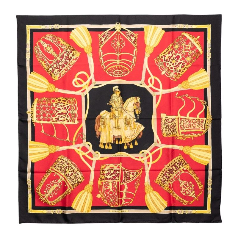 Hermes Carre 90 les Muserolles Nose Leather Scarf Red Multicolor Silk