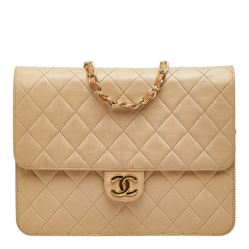 Chanel CC Logo Quilted Chain Shoulder Bag Beige Leather