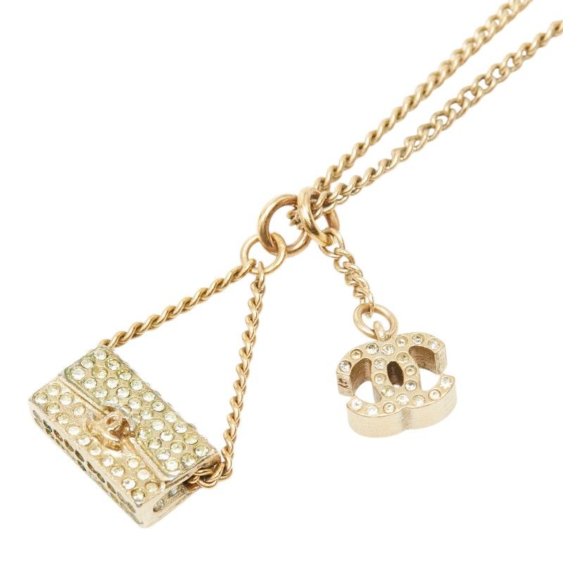 Chanel CC Logo Quilted Bag Motif Chain Pendant Necklace Gold Line Stone Plated