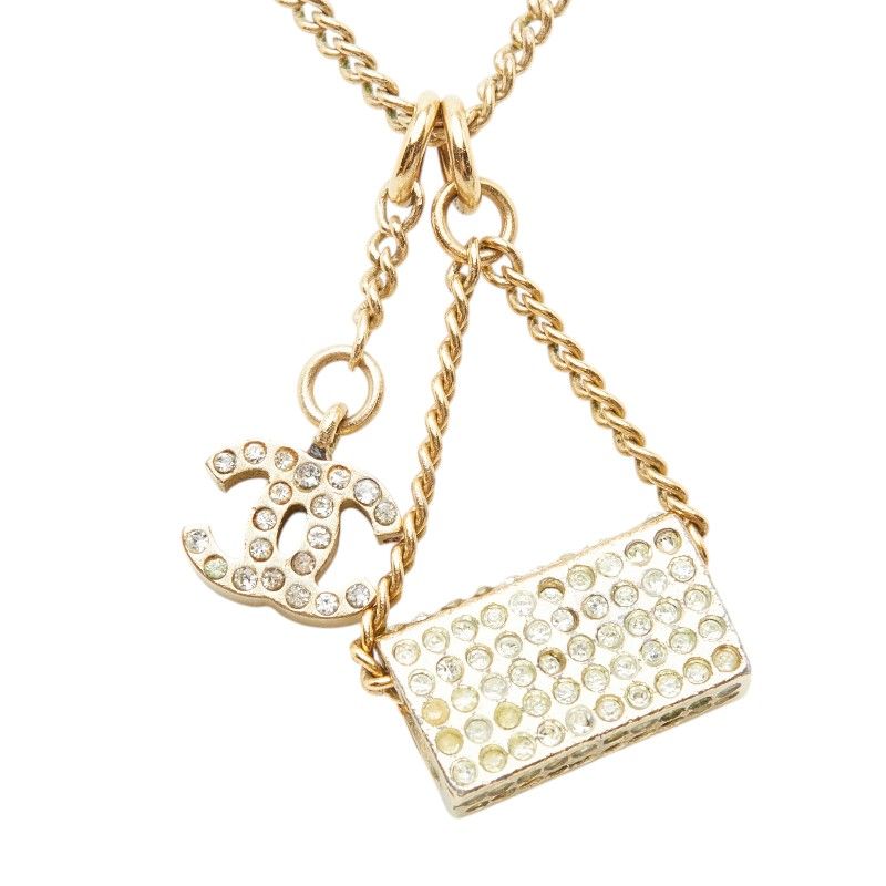 Chanel CC Logo Quilted Bag Motif Chain Pendant Necklace Gold Line Stone Plated — view 3