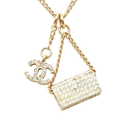 Chanel CC Logo Quilted Bag Motif Chain Pendant Necklace Gold Line Stone Plated — view 3