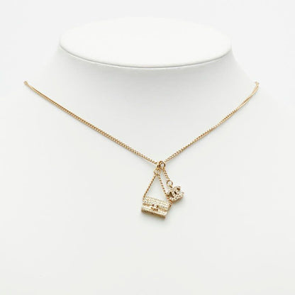 Chanel CC Logo Quilted Bag Motif Chain Pendant Necklace Gold Line Stone Plated — view 8