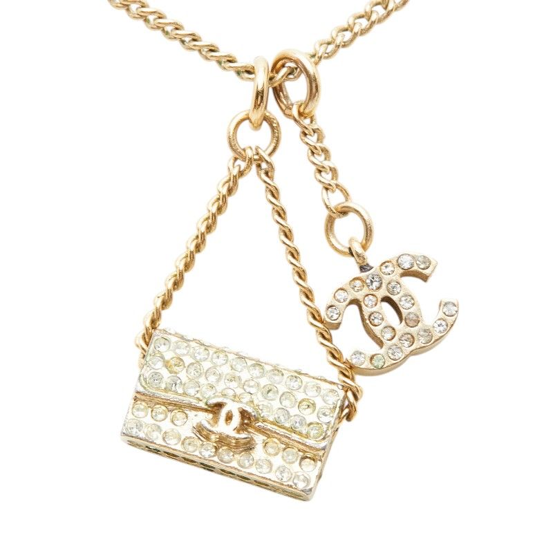 Chanel CC Logo Quilted Bag Motif Chain Pendant Necklace Gold Line Stone Plated — view 2
