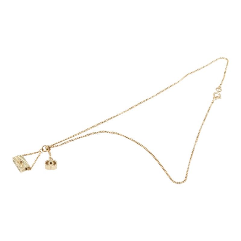 Chanel CC Logo Quilted Bag Motif Chain Pendant Necklace Gold Line Stone Plated — view 4