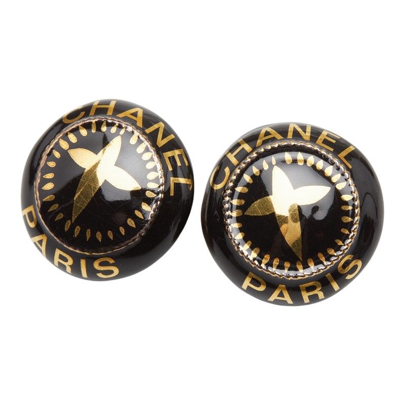 Chanel Vintage Round Earrings Gold Black Plated Plastic
