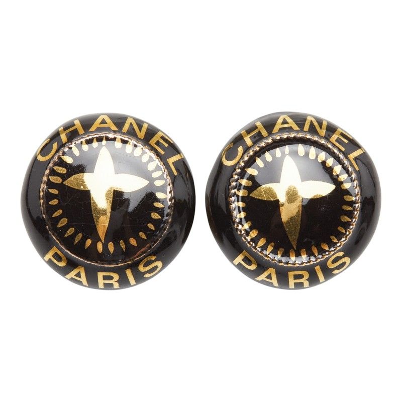 Chanel Vintage Round Earrings Gold Black Plated Plastic — view 2